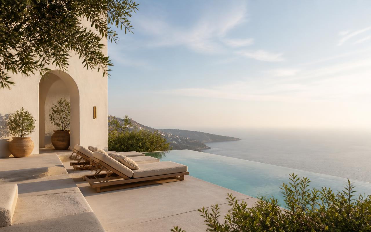 Sunlit villa terrace with an infinity pool overlooking the sea